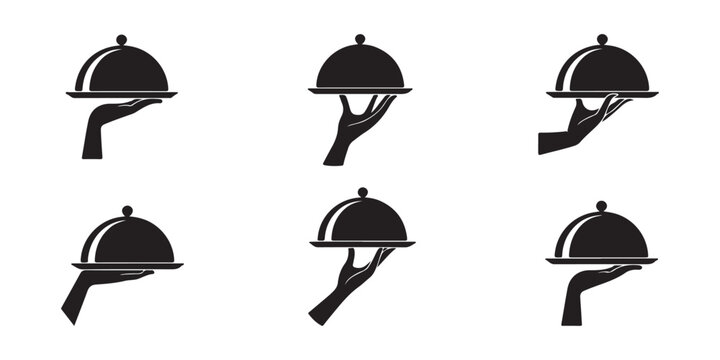 Set of black hand holding silver platter icons isolated on transparent background for food service.