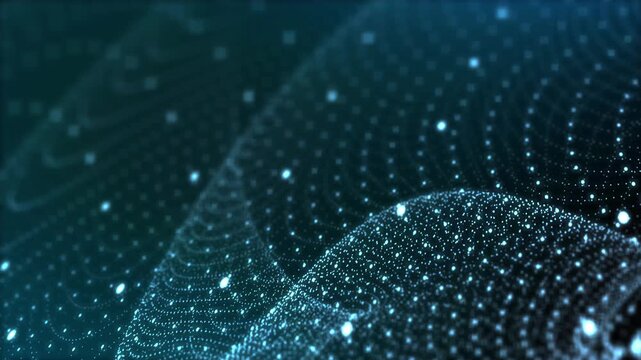 Cyan particle mesh wave loop. Dynamic glowing cyberspace dots for big data, artificial intelligence, and technology background.