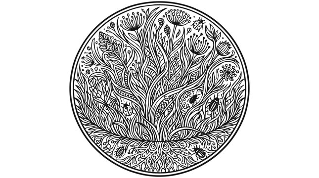 Intricate botanical circle featuring wild garden beetles and meadow plants in a detailed nature illustration for coloring book designs