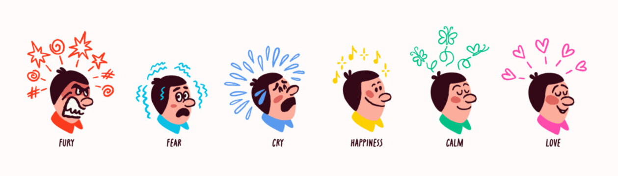 Expressive doodle character faces with emotion spectrum from fury to happiness and love with colorful symbols and simple shapes. Emotion face set with clear state changes and bold expression lines