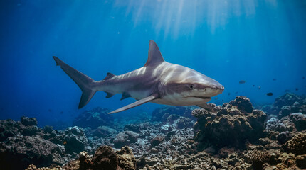 Obraz premium Reef shark cruising above coral bommies near Lady Elliot Island