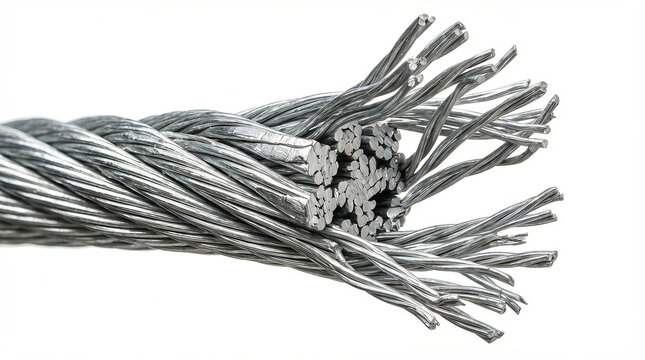 A detailed close up macro view of a frayed heavy duty steel wire rope strand showing the inner metal texture and industrial structure.