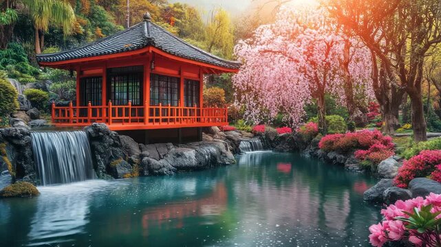 Scenic image of a Japanese garden with a red pagoda, waterfalls, and vibrant flowering trees