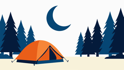 Bright orange camping tent set up under a large crescent moon in a flat vector style forest nature landscape illustration © Uzair