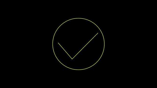 glowing Yellow color check mark icon animation on black background