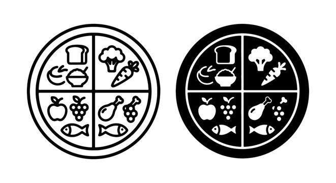 Healthy Eating Plate Icons, Balanced Diet Food Groups, Nutrition Guide Vector Set