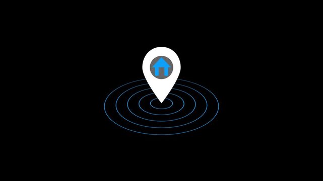 GPS track address, place search and direction icon. map pointer with house icon animation and radio waves