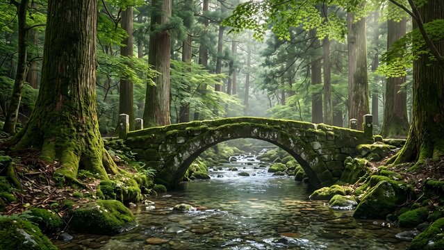Serene 8K photorealistic view of an ancient Japanese cedar forest featuring a moss-covered stone arch bridge over a crystal-clear stream, with dappled sunlight creating a mystical atmosphere.
