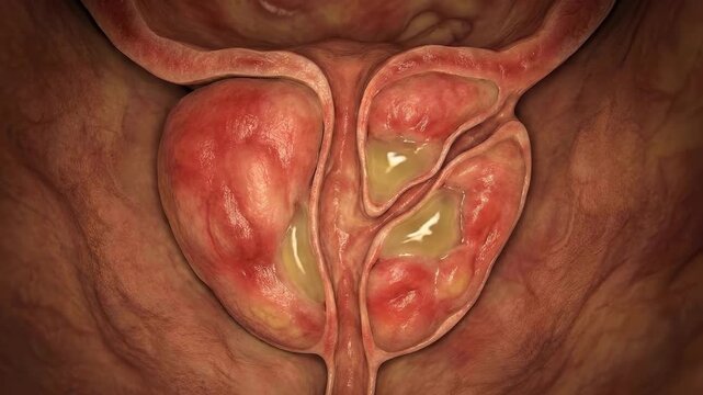 Male gland pathology: prostate gland, male anatomy, pelvic structure, urinary system, zonal anatomy, acute inflammation, pus abscess, medical illustrate, body organ, human disease, clinical image.
