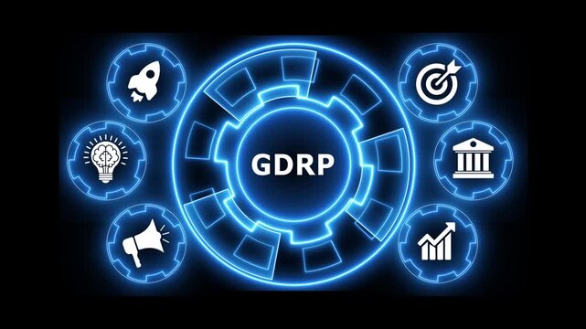 Abstract gdpr data protection animation with glow neon light effect and HUD gears.