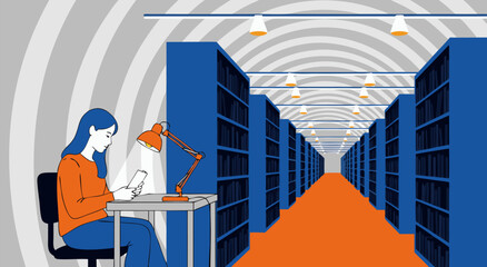 A serene vector illustration of a student studying in a quiet library aisle surrounded by tall bookshelves with warm desk lamp illumination © Purnomo Semlirick