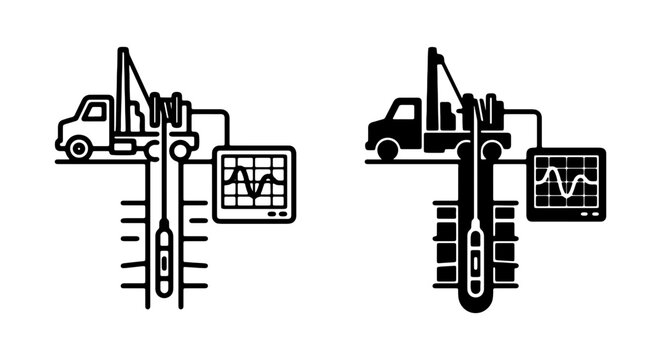 Well Logging Truck, Wireline Logging Equipment, Oil Gas Exploration Tools, Industrial Survey Icons