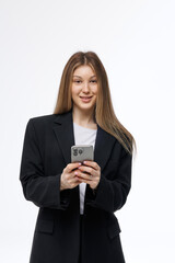 Fototapeta premium Portrait of young business woman use phone isolated on white background