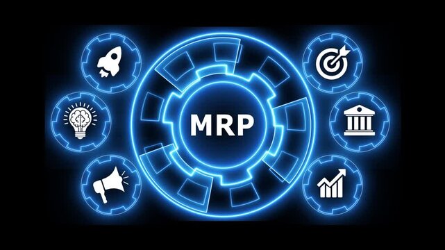 Mrp concept on virtual screen with business icons around technology interface.