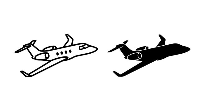 Private Jet Icon Set, Business Aircraft Silhouette, Luxury Travel Vector Graphics