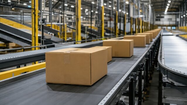 Cardboard parcels moving on conveyor belts in a large automated warehouse sorting facility