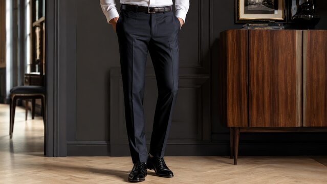 Lower body of a man wearing navy tailored dress pants, white shirt, black leather dress shoes and belt, standing with hands in pockets in an elegant interior