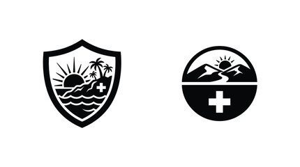 Obraz premium Two minimalist black and white vector emblems featuring a shield and a circular frame with landscape scenery and a medical cross symbol for health branding