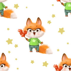 Naklejka premium Seamless pattern with cute orange fox in a green sweater holds a caramel cockerel on a stick on white background