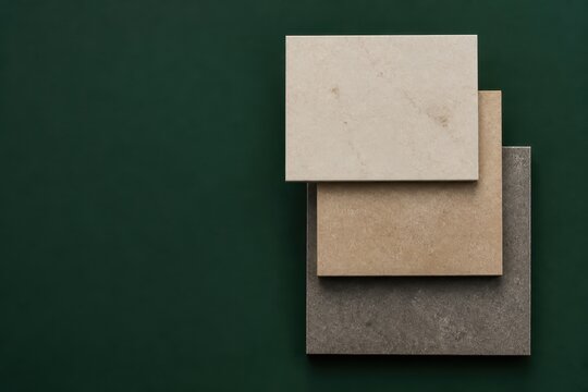 Stacked square stone and ceramic tile samples on dark green background
