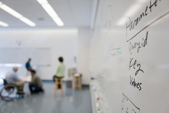 Text written on a whiteboard of a classroom with Professor with Muscular Dystrophy in background