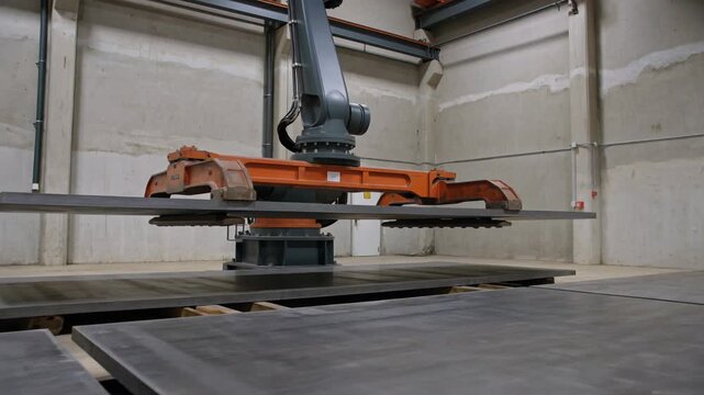 Automated robotic arm moving heavy steel plates in industrial warehouse setting