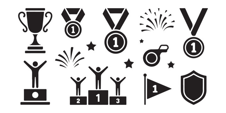 Victory award and champion podium icons with gold medals trophy shield whistle and star silhouette.