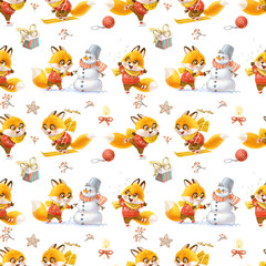 Fototapeta premium Seamless pattern from cute little fox in winter clothes with New Year's accessories on white background