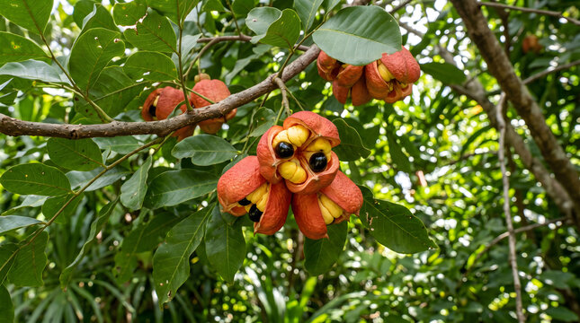 Ripe ackee fruit blighia sapida on a tree, showing red pods, yellow arils, and black seeds