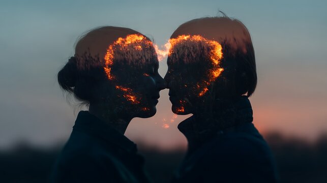 Two people face each other closely with a glowing heart shape formed by fire overlay, symbolizing love and connection at sunset.