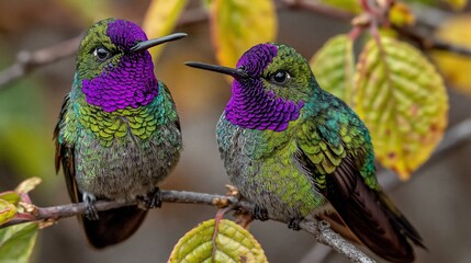 Fototapeta premium Two hummingbirds with bright purple plumage are perched on a branch, providing a vibrant and colourful backdrop for themes relating to nature and biodiversity.
