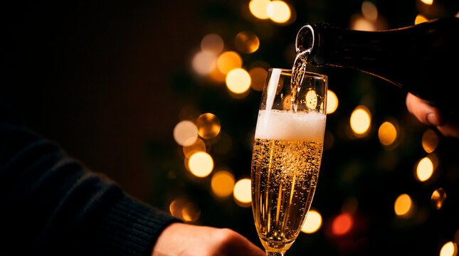 Pouring sparkling champagne into elegant flute glass against warm golden Christmas bokeh