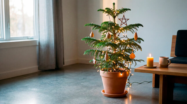 Small potted Christmas tree with warm lights in minimalist Scandinavian living room
