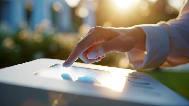 Woman using smart home control panel or intercom system outdoors during golden hour sunset