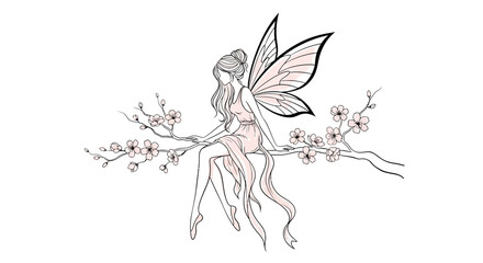Naklejka premium Elegant Fairy Sitting on a Cherry Blossom Branch Line Art.