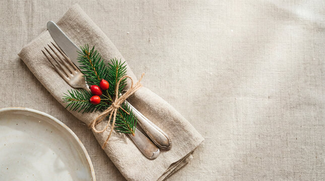 Rustic Christmas place setting with linen napkin cutlery and pine sprig on natural table