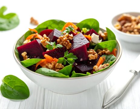 A vibrant salad bowl featuring beetroot cubes, shredded carrots, spinach leaves, and walnuts, garnished with parsley. A side of nuts is present