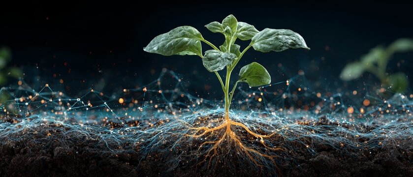 A young plant with digital roots sprouting from the ground symbolises technological progress in the agricultural sector as a backdrop for innovation.