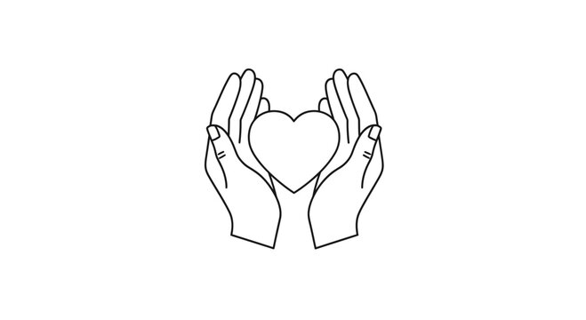 Minimalist outline drawing of two hands gently holding a heart symbol.