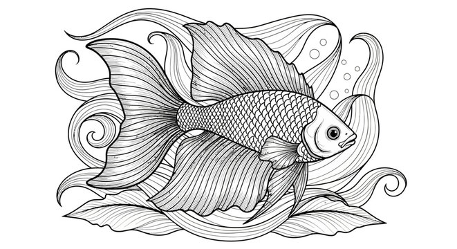 Intricate line art drawing of a beautiful Betta fish with flowing fins.