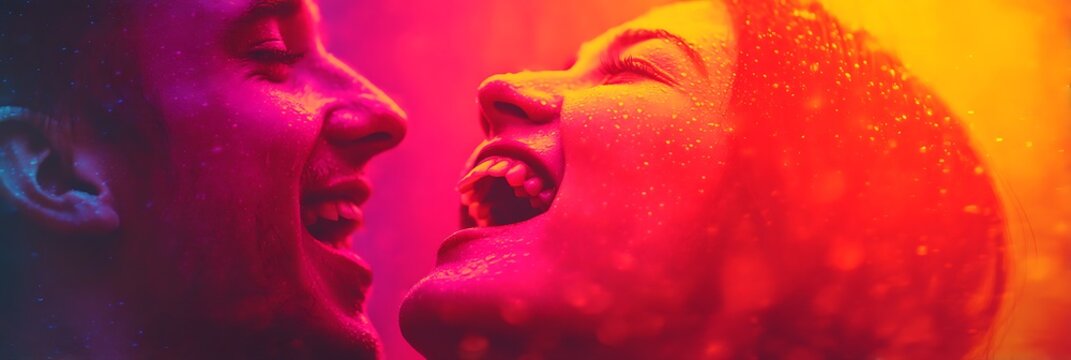 Two people laughing joyfully, faces close, illuminated by vibrant red and orange lighting with water droplets creating a lively and energetic atmosphere.