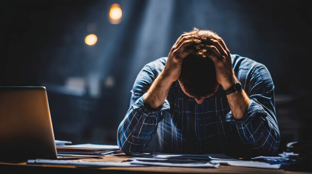 cinematic close-up of an office worker holding their head at a cluttered desk, showing visible stress. Papers and files are scattered, and dramatic lighting creates strong contrast. The atmosphere 