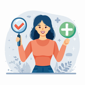 Woman holding checkmark and plus sign, representing pros and cons