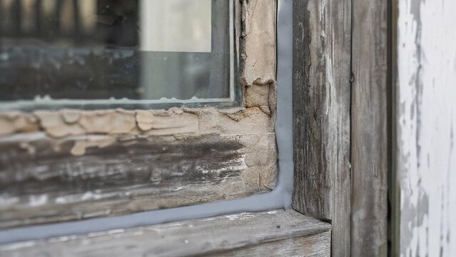 Edge of an old wooden window frame showing weathered putty and fresh caulk.