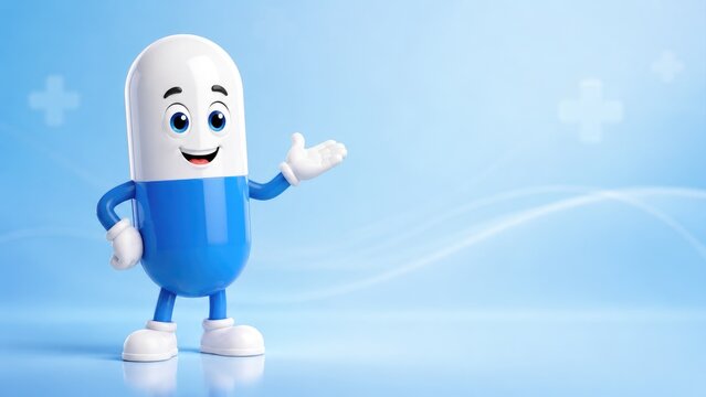Friendly blue and white capsule character smiling and waving on a light medical background