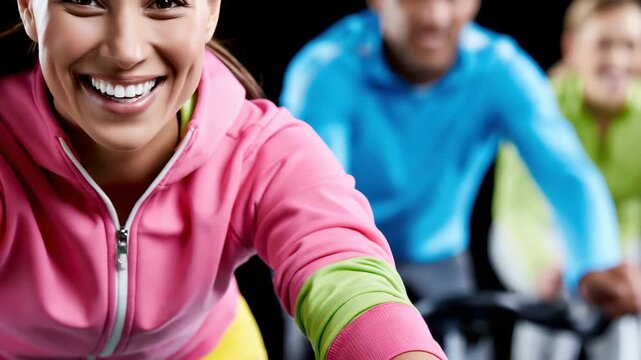 Tracking shot of woman cyclist leading group pedaling on stationary bikes in indoor gym spin studio close up smiling instructor in bright colorful workout class