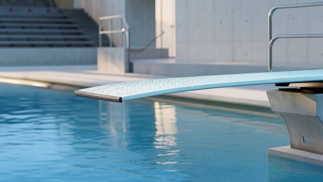 A professional diving springboard curving over calm blue pool water.