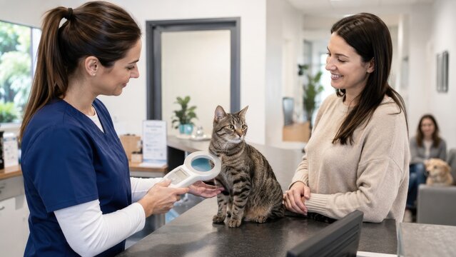 Veterinary technician scans a tabby cat at a clinic reception counter while a smiling pet owner looks on in a modern animal hospital waiting area