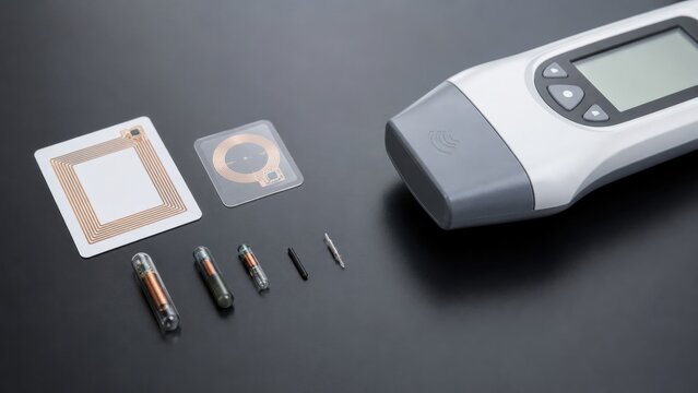 Handheld RFID/NFC reader with various RFID tags, coils, glass transponders and adhesive NFC sticker on dark surface