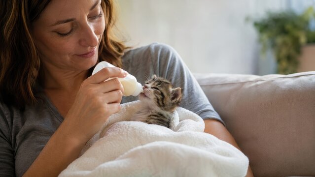 Woman bottle-feeding a tiny tabby kitten wrapped in a soft blanket on a cozy sofa